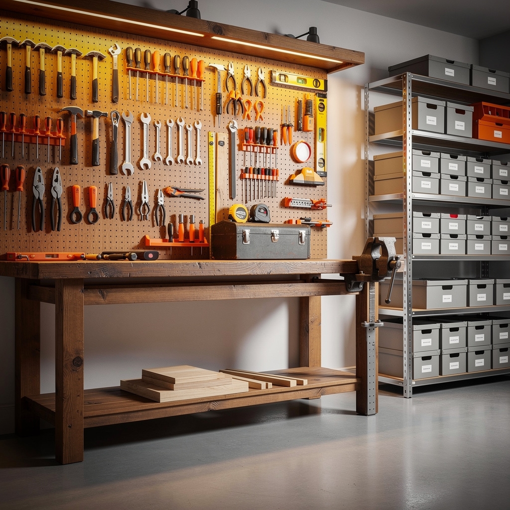 Taller doméstico bien organizado con herramientas ordenadas en panel de pared
